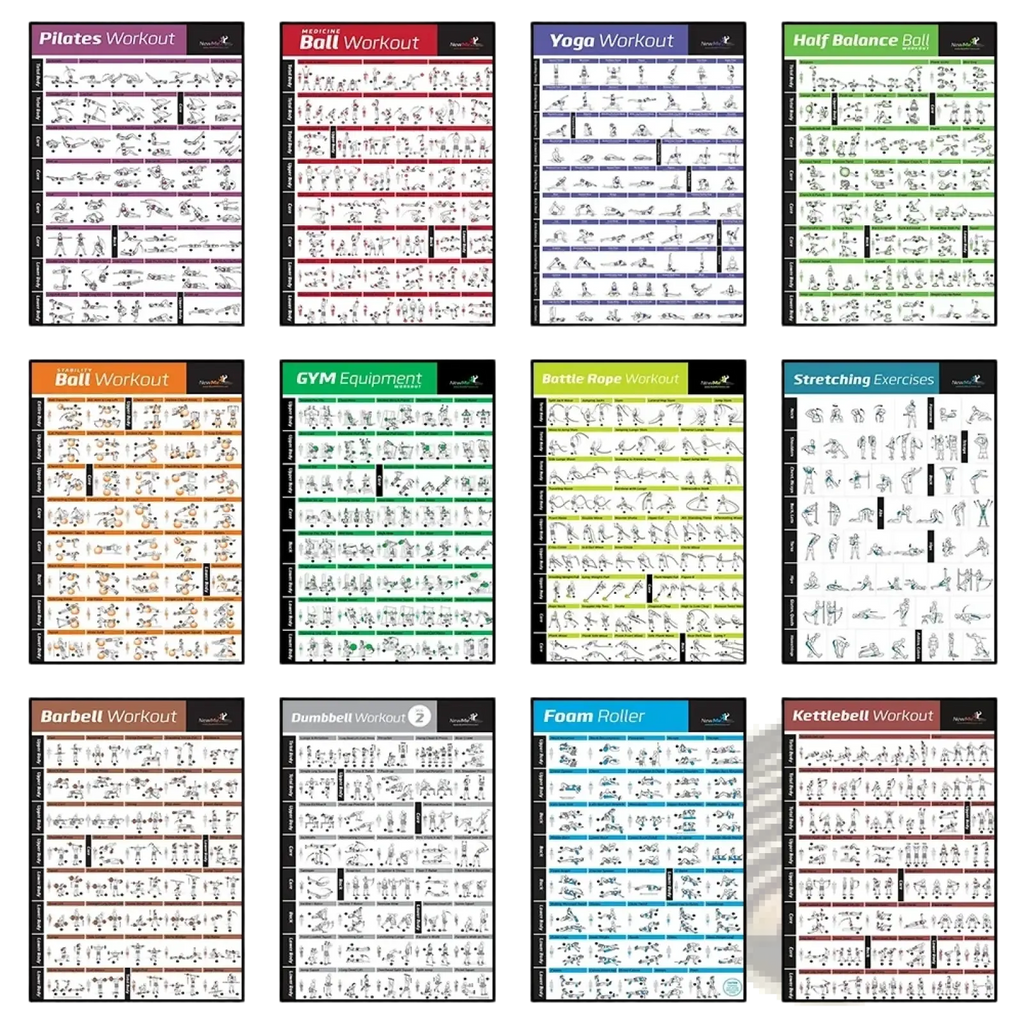 Set of ten colorful pilates exercise chart canvas wall art posters featuring detailed fitness and workout illustrations