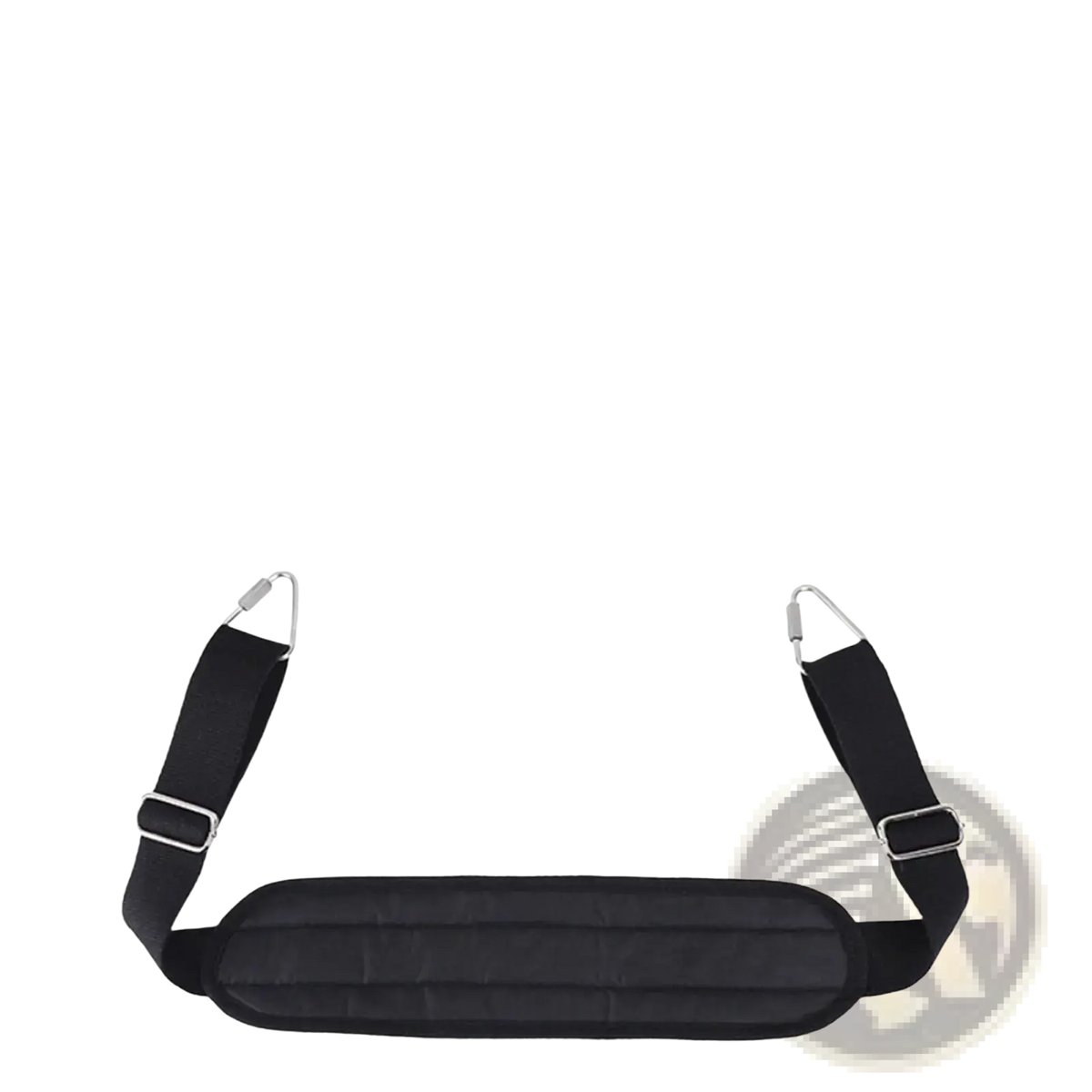 Black padded pilates foot strap with adjustable metal buckles and straps for reformer exercises