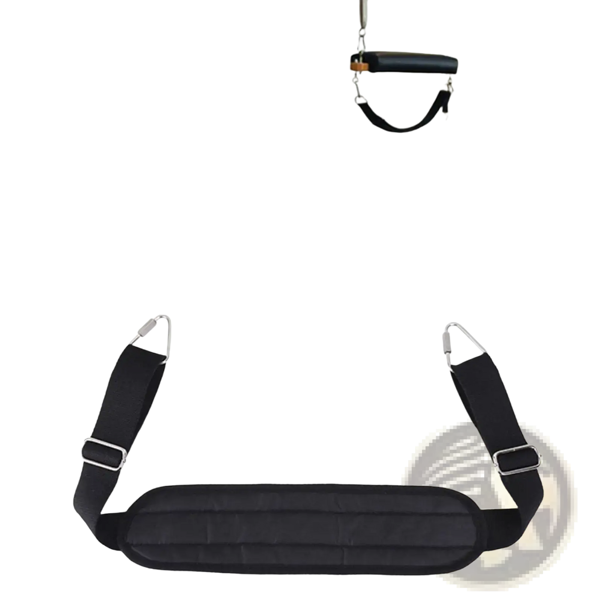 Black padded pilates foot strap with adjustable metal buckles designed for reformer band exercises