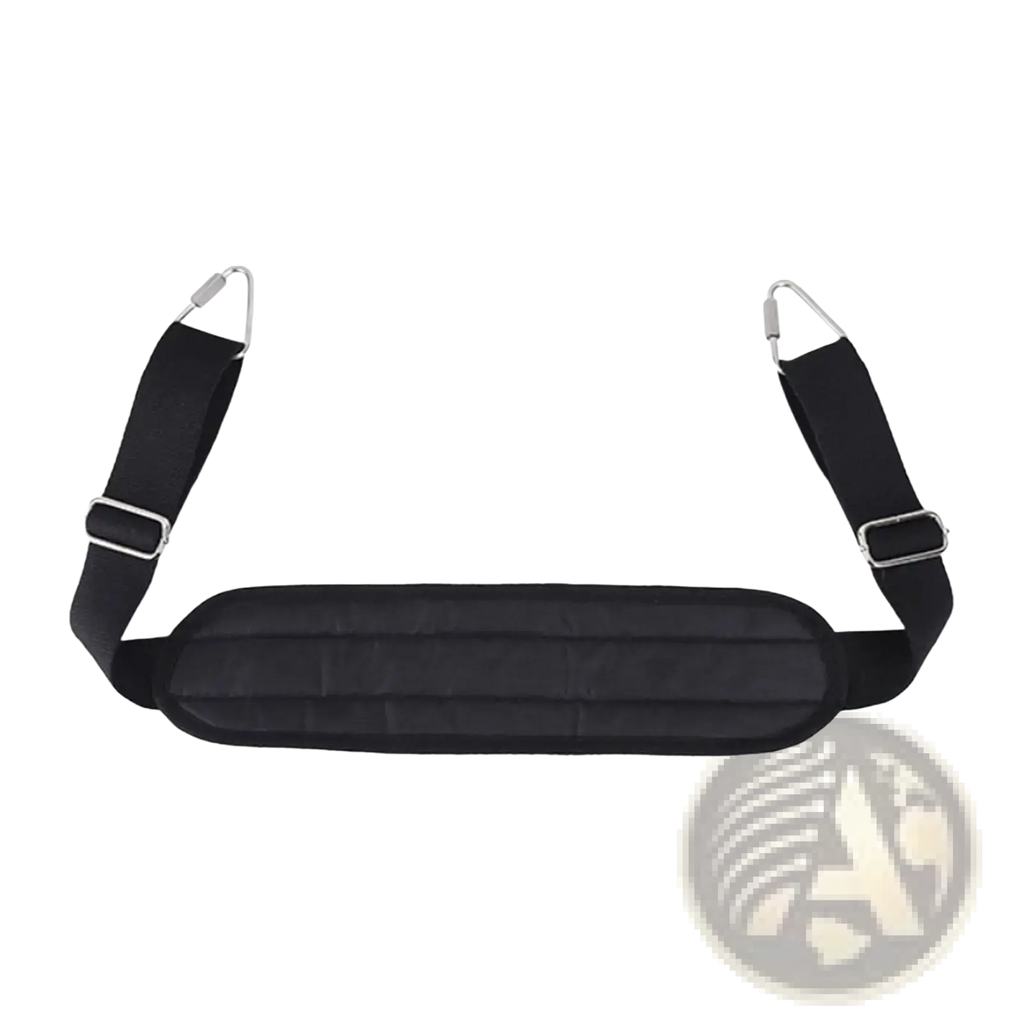 Black padded shoulder strap with silver metal buckles and d-rings for adjustable pilates foot strap reformer band