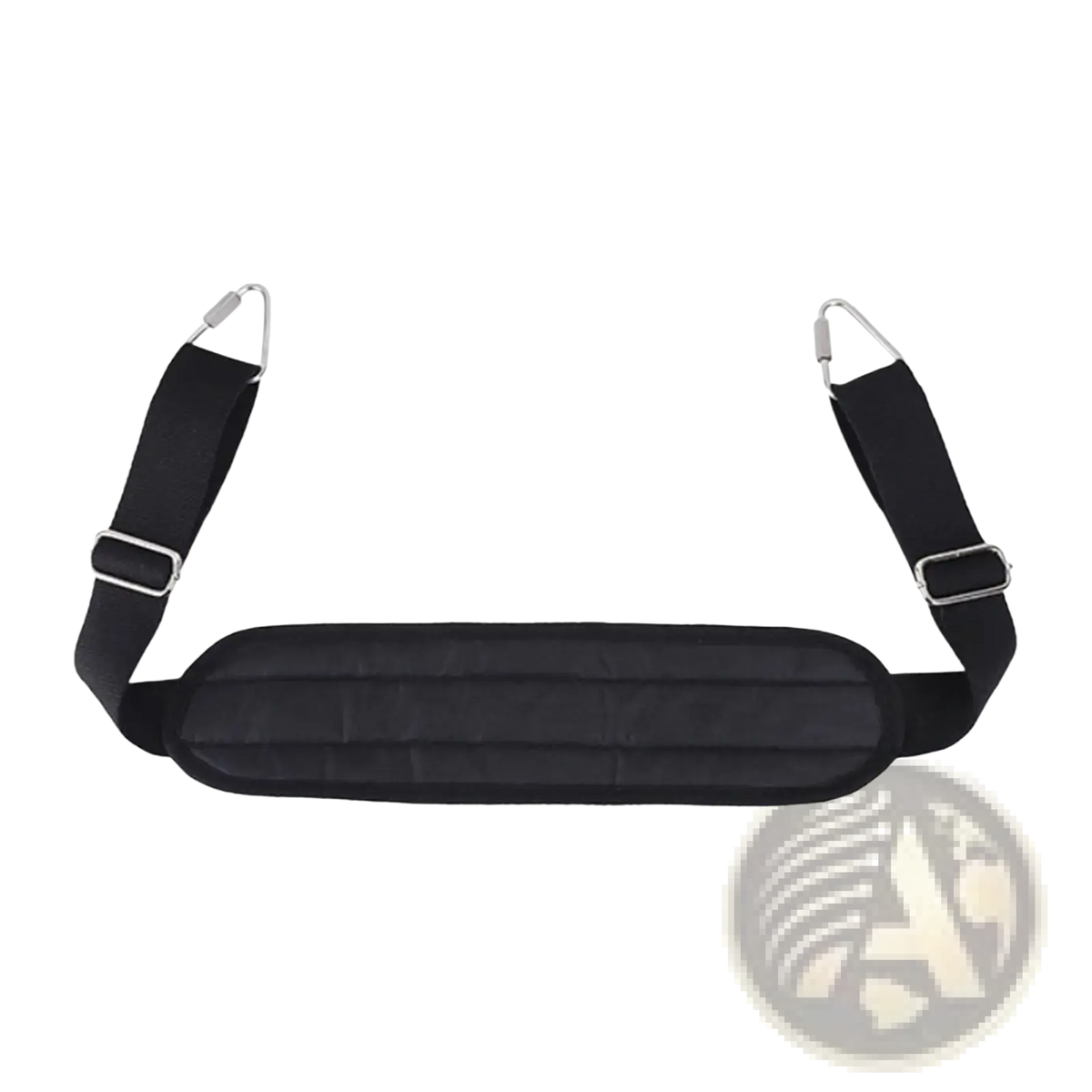 Black padded shoulder strap with silver metal buckles and d-rings for adjustable pilates foot strap reformer band