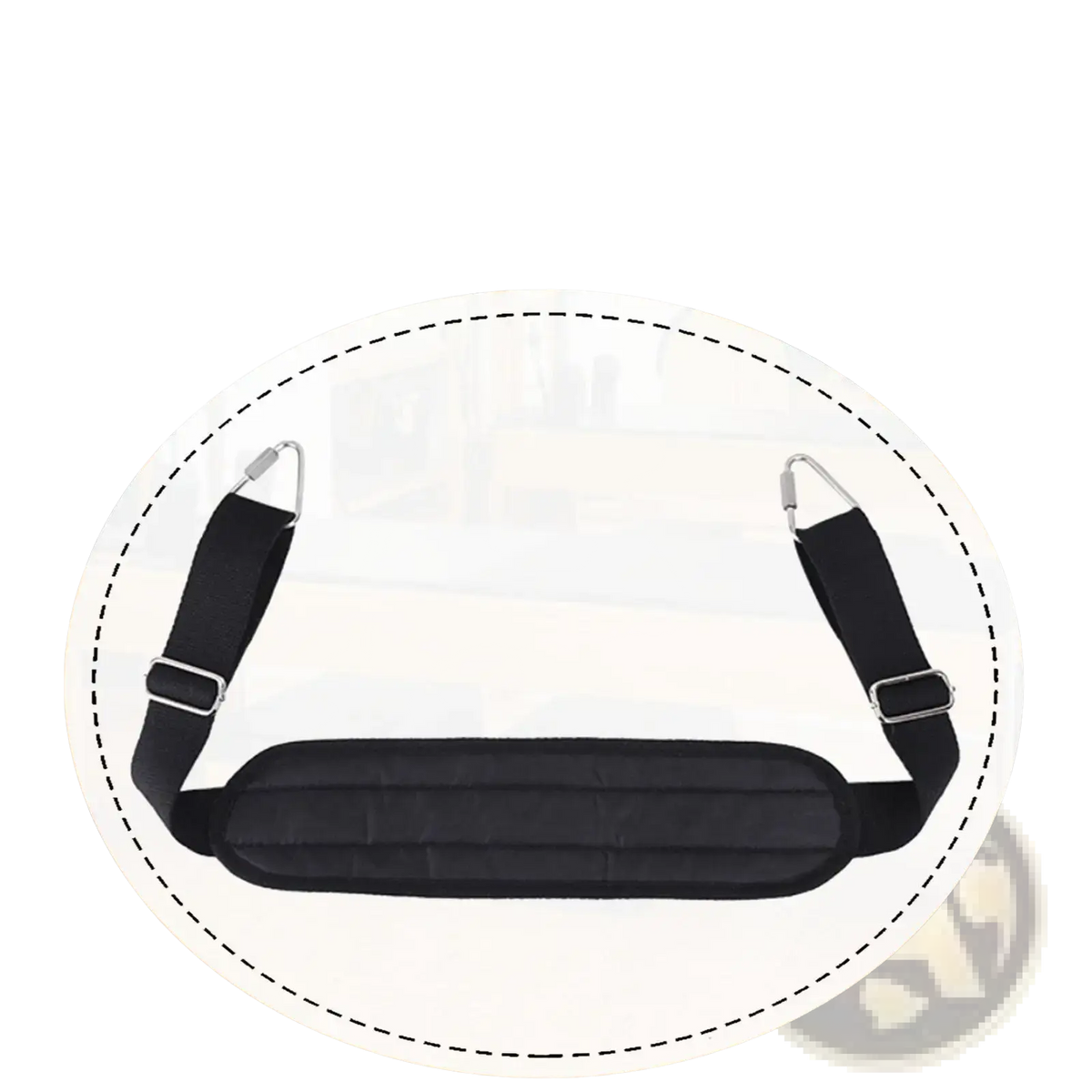 Black padded pilates foot strap with adjustable straps and metal buckles designed for reformer band exercises