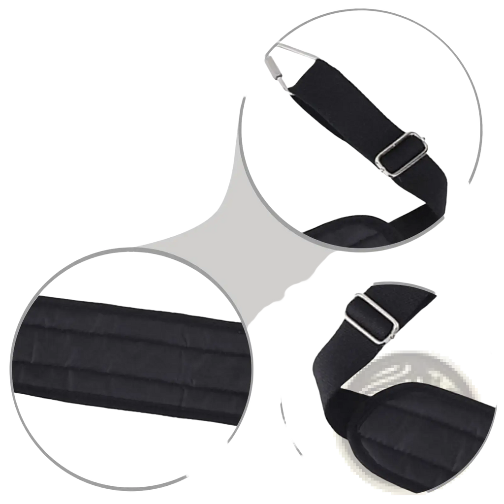Black quilted fabric Pilates foot strap with silver-toned metal buckle and adjustable clasp for reformer band use