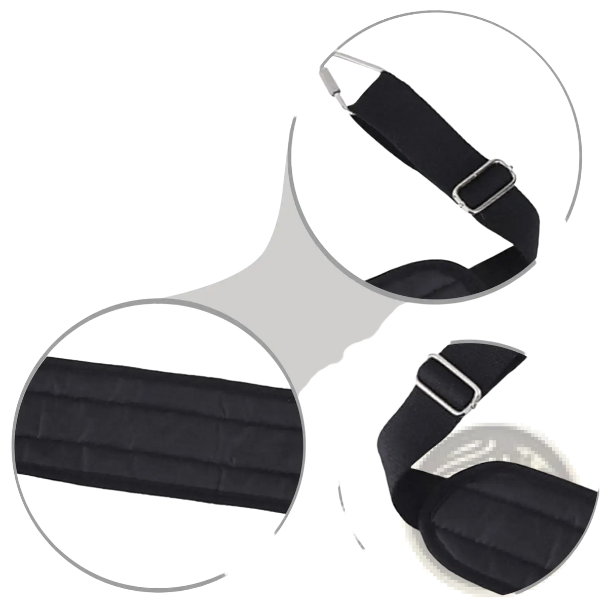 Black quilted fabric Pilates foot strap with silver-toned metal buckle and adjustable clasp for reformer band use