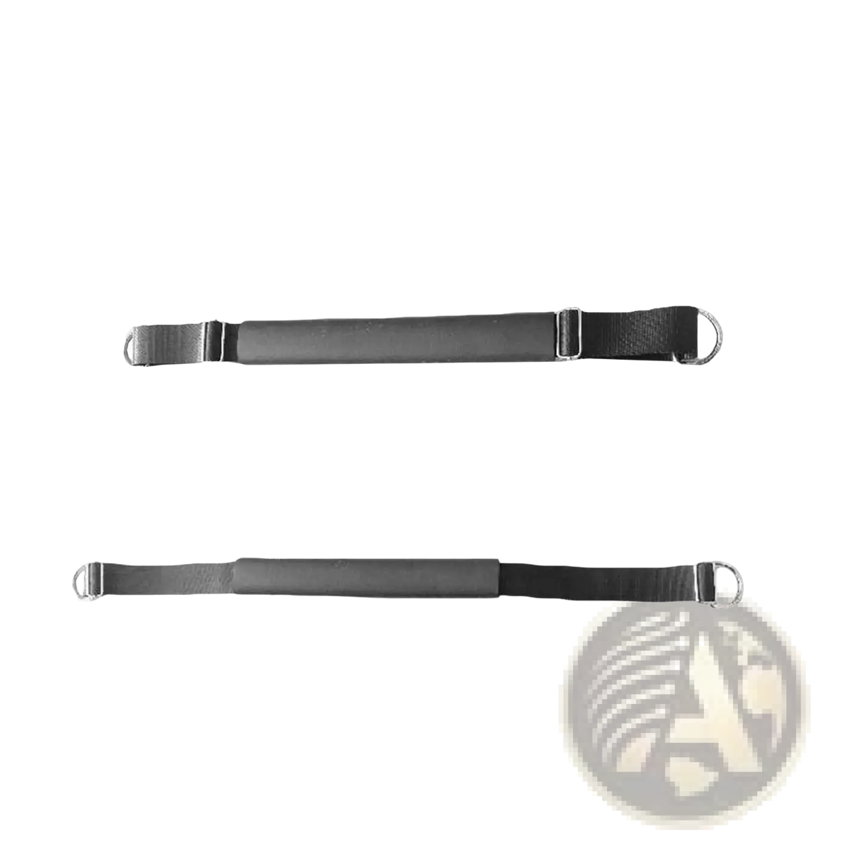 Black fabric pilates reformer foot strap with metal d-rings and adjustable buckles available in two lengths
