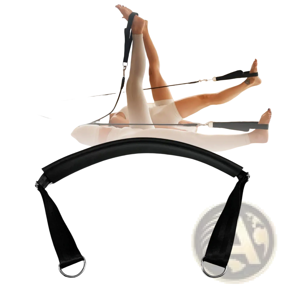 Black fabric pilates reformer foot strap with adjustable metal rings for secured workout resistance training