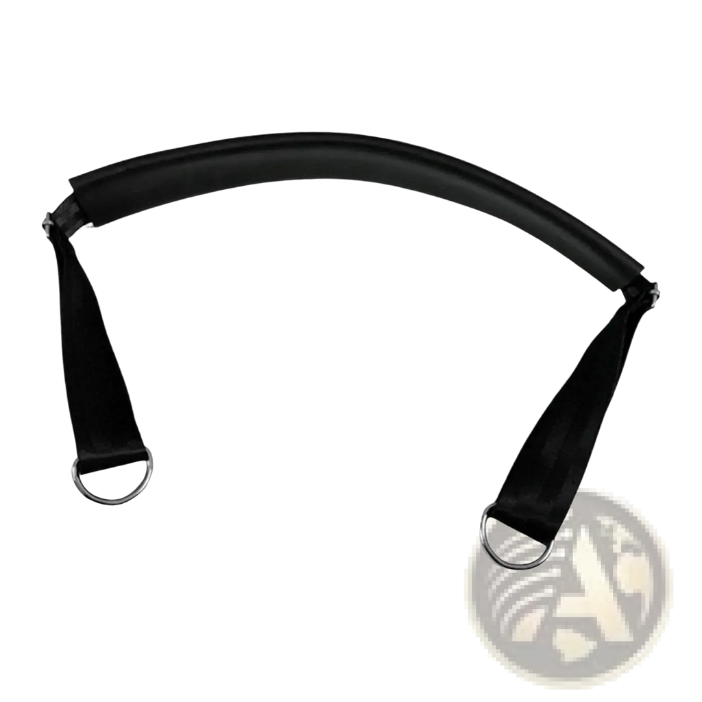 Black padded arched strap with two metal d rings for adjustable pilates reformer foot workout band