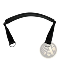 Black padded adjustable Pilates reformer foot strap with arched design and two metal rings for secure workout use