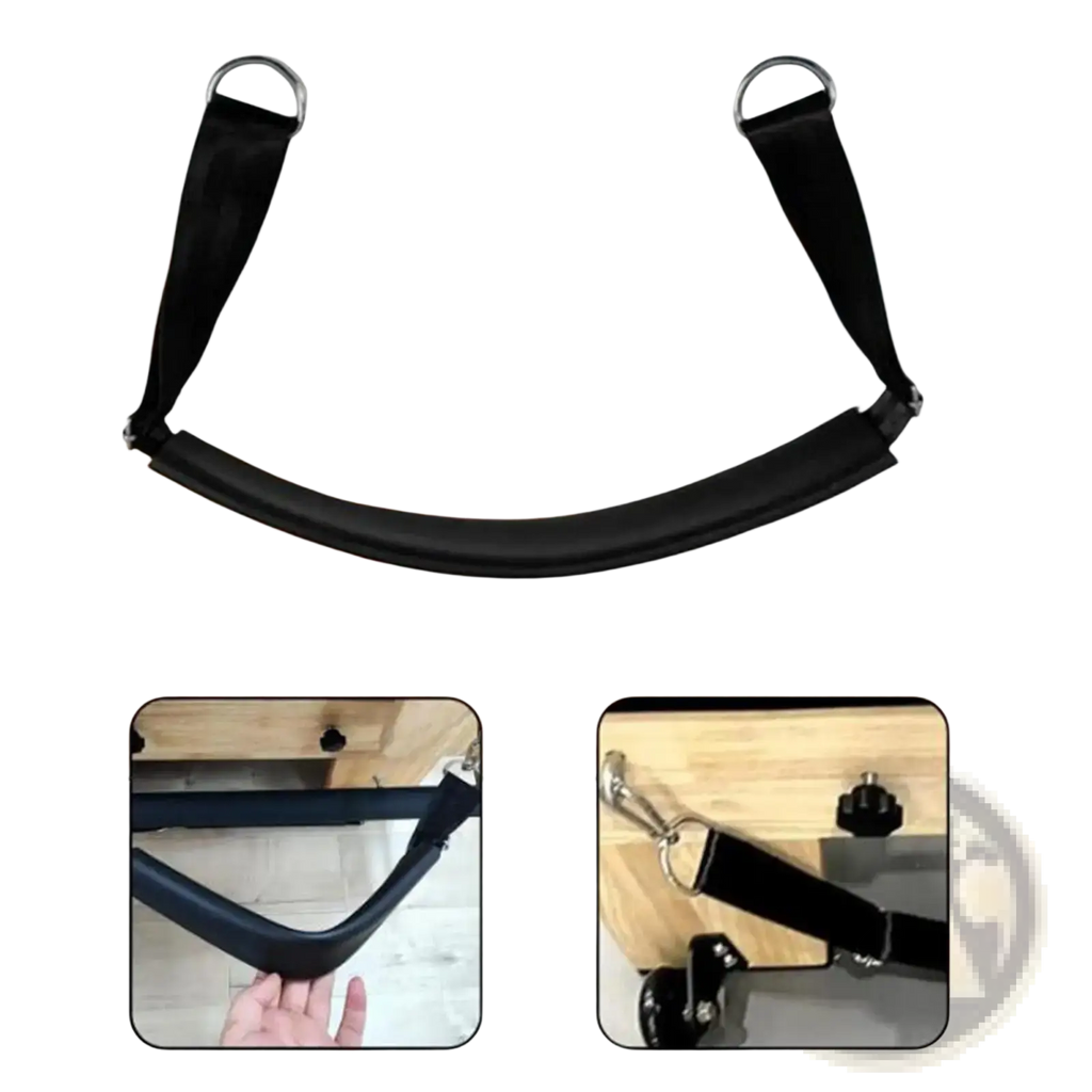 Black padded adjustable Pilates reformer foot strap resistance band with metal d-rings for secure workouts
