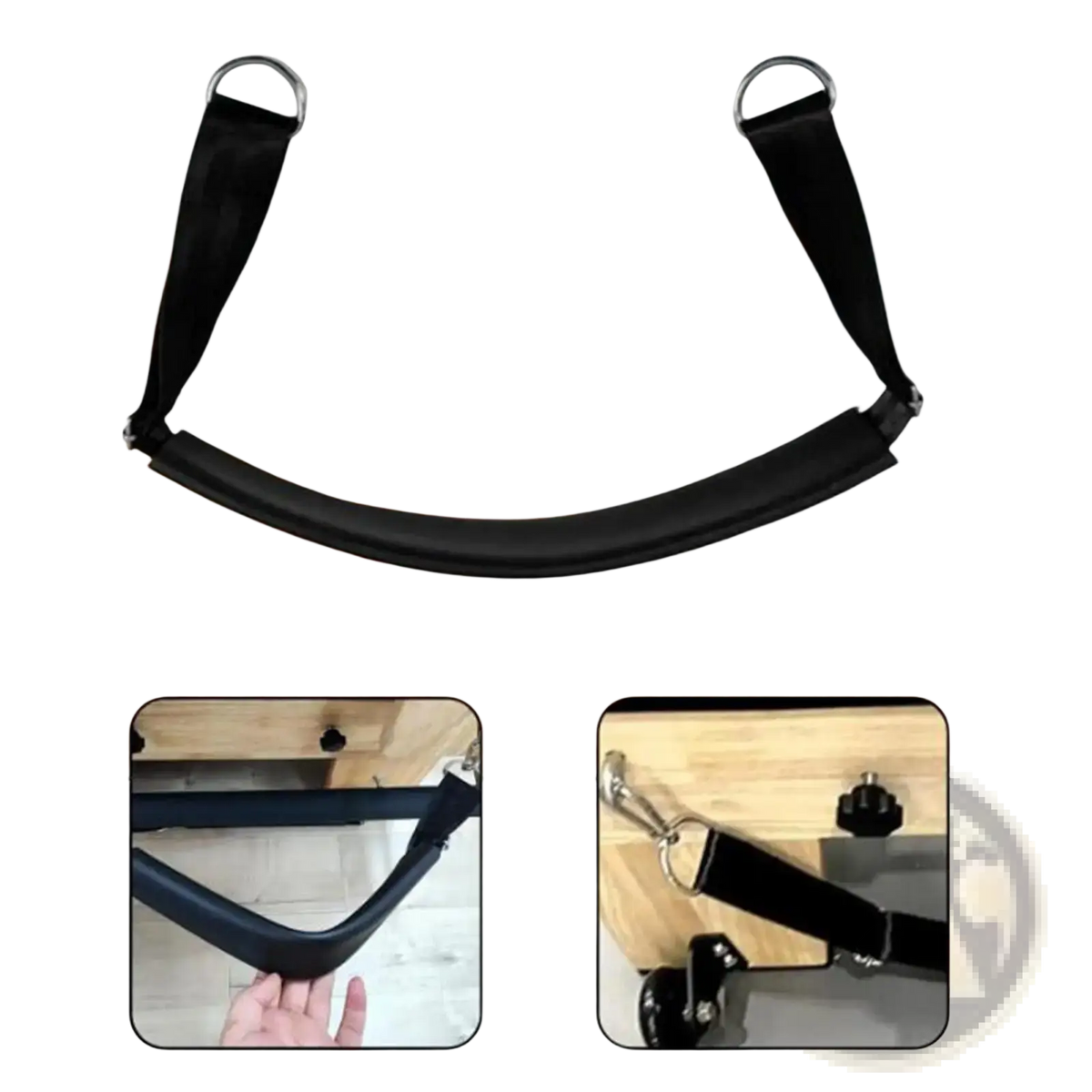Black padded adjustable Pilates reformer foot strap resistance band with metal d-rings for secure workouts
