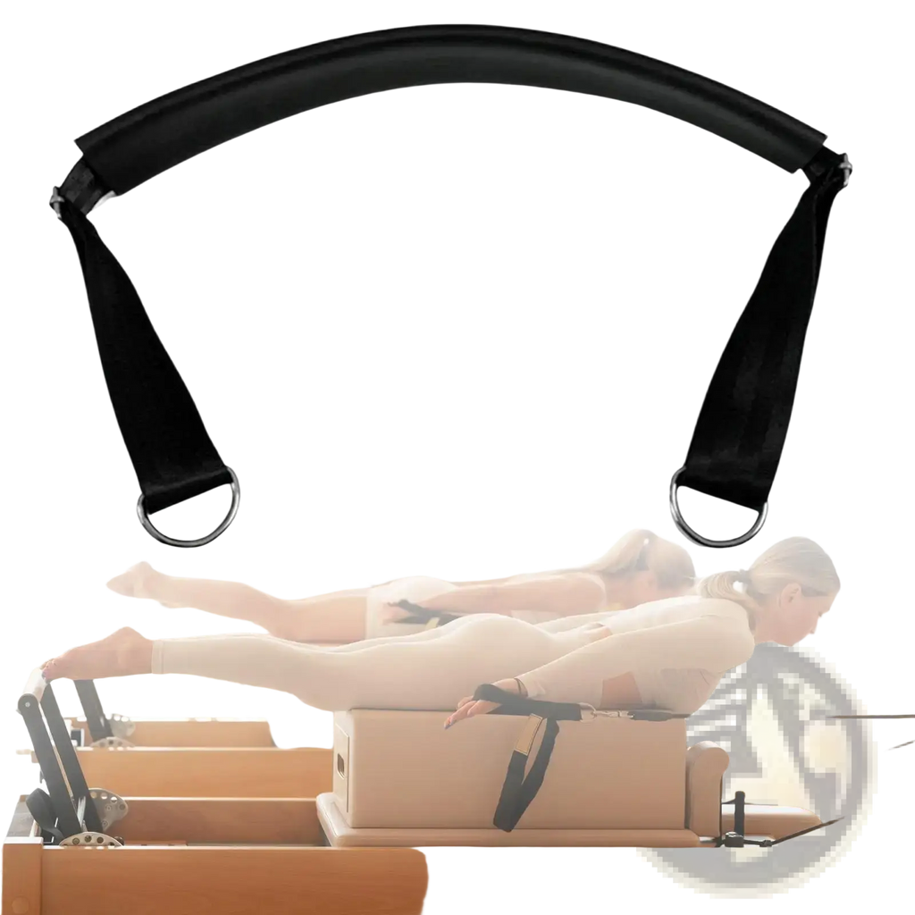 Black padded pilates reformer foot strap with adjustable straps and metal rings for workout band use