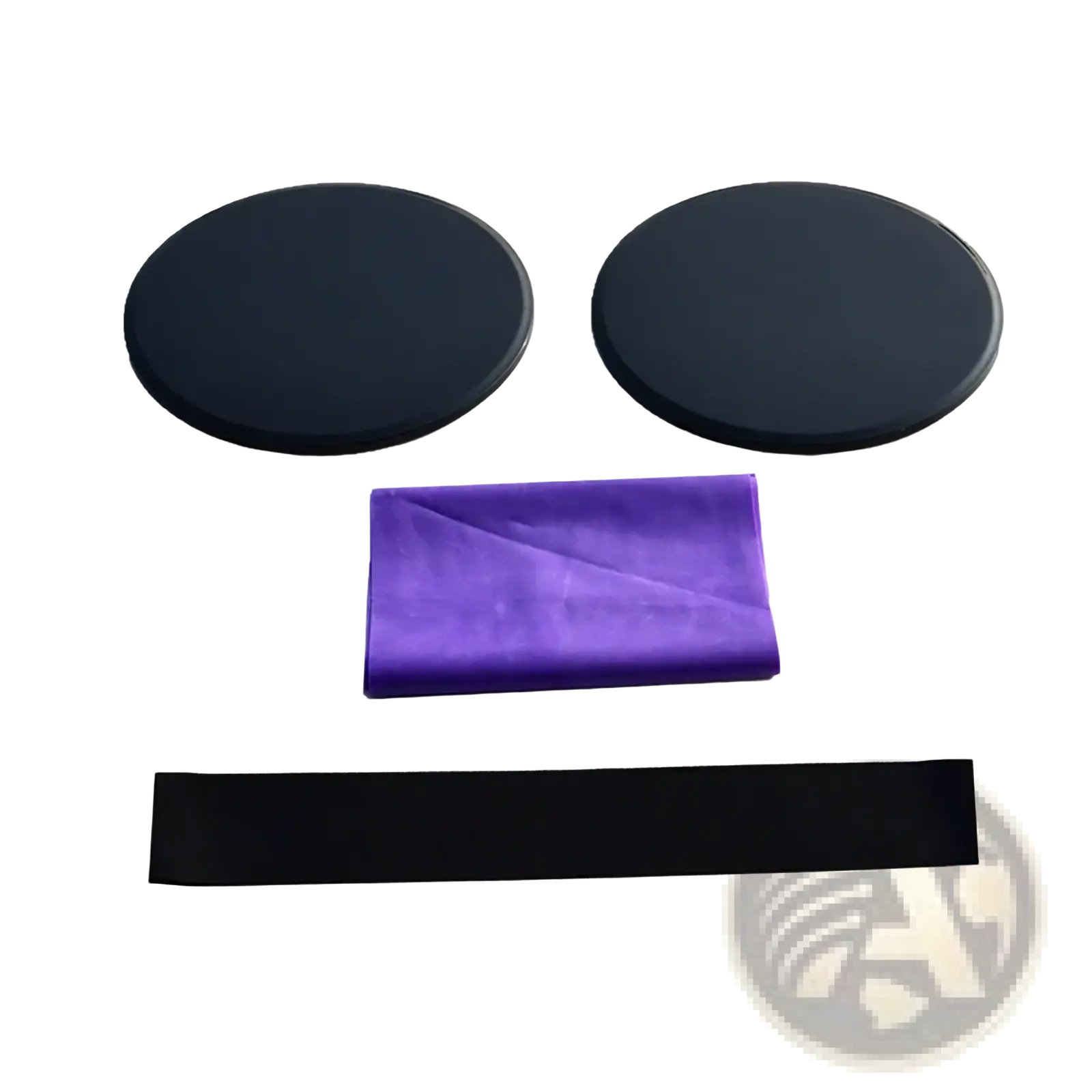 Pilates resistance band and sliding disc set featuring black circular discs and a purple fabric resistance band with black strap