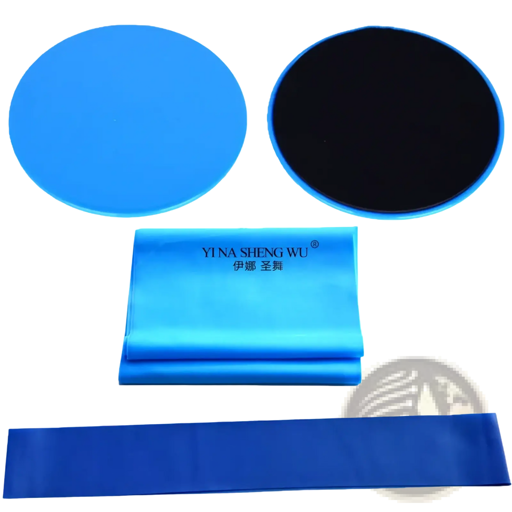 Blue circular exercise sliding discs and resistance band set by yi na sheng wu for pilates and fitness training