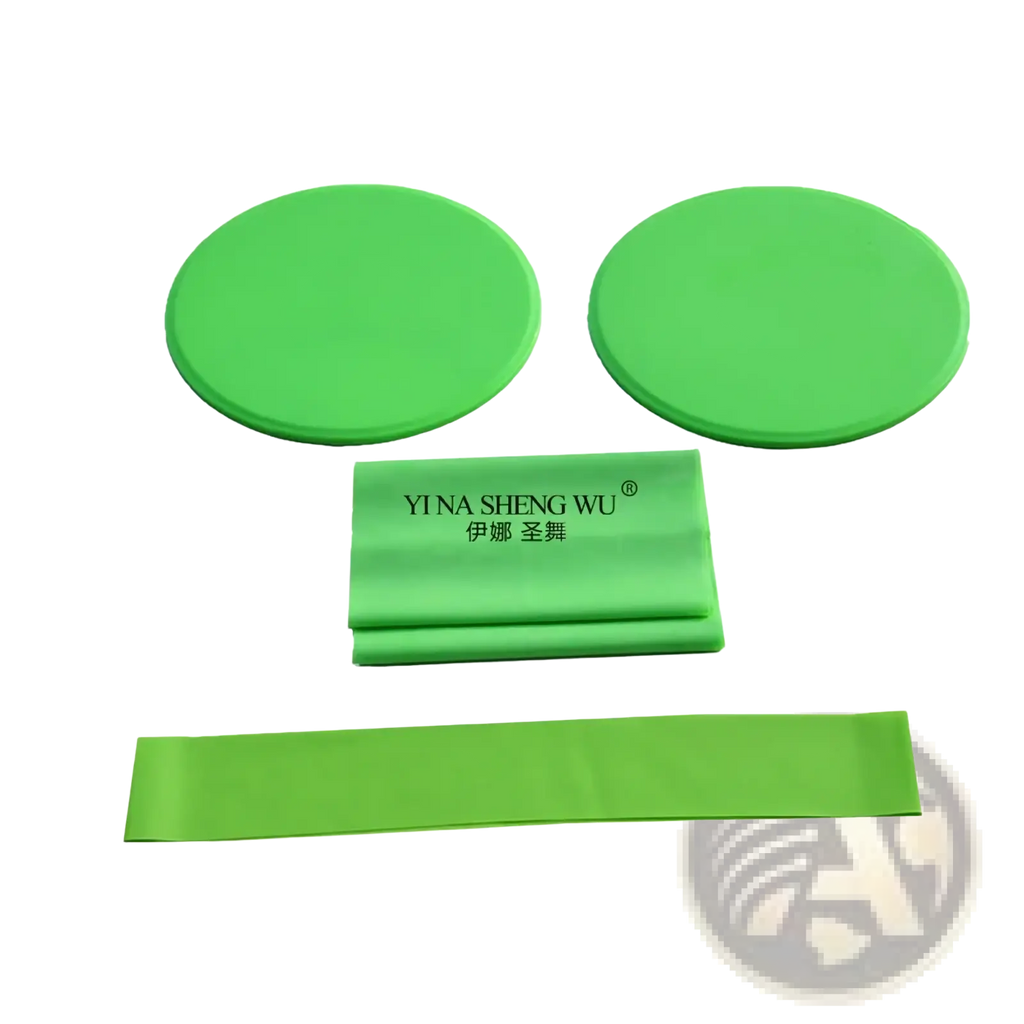 Bright green pilates resistance band set with two circular sliding discs and elastic loop branded yi na sheng wu