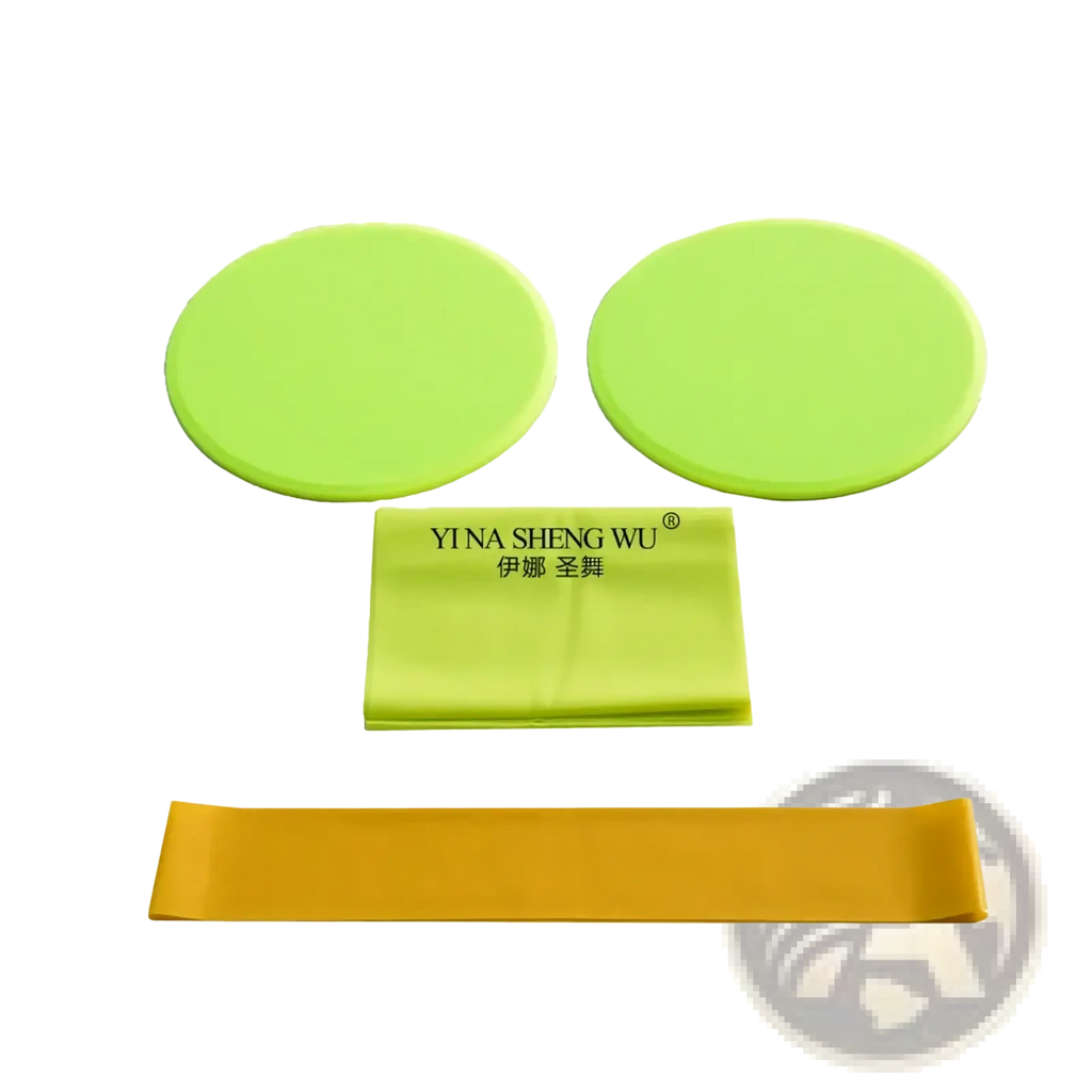 Set of lime green and yellow pilates resistance bands and foam sliding discs branded yi na sheng wu for exercise use