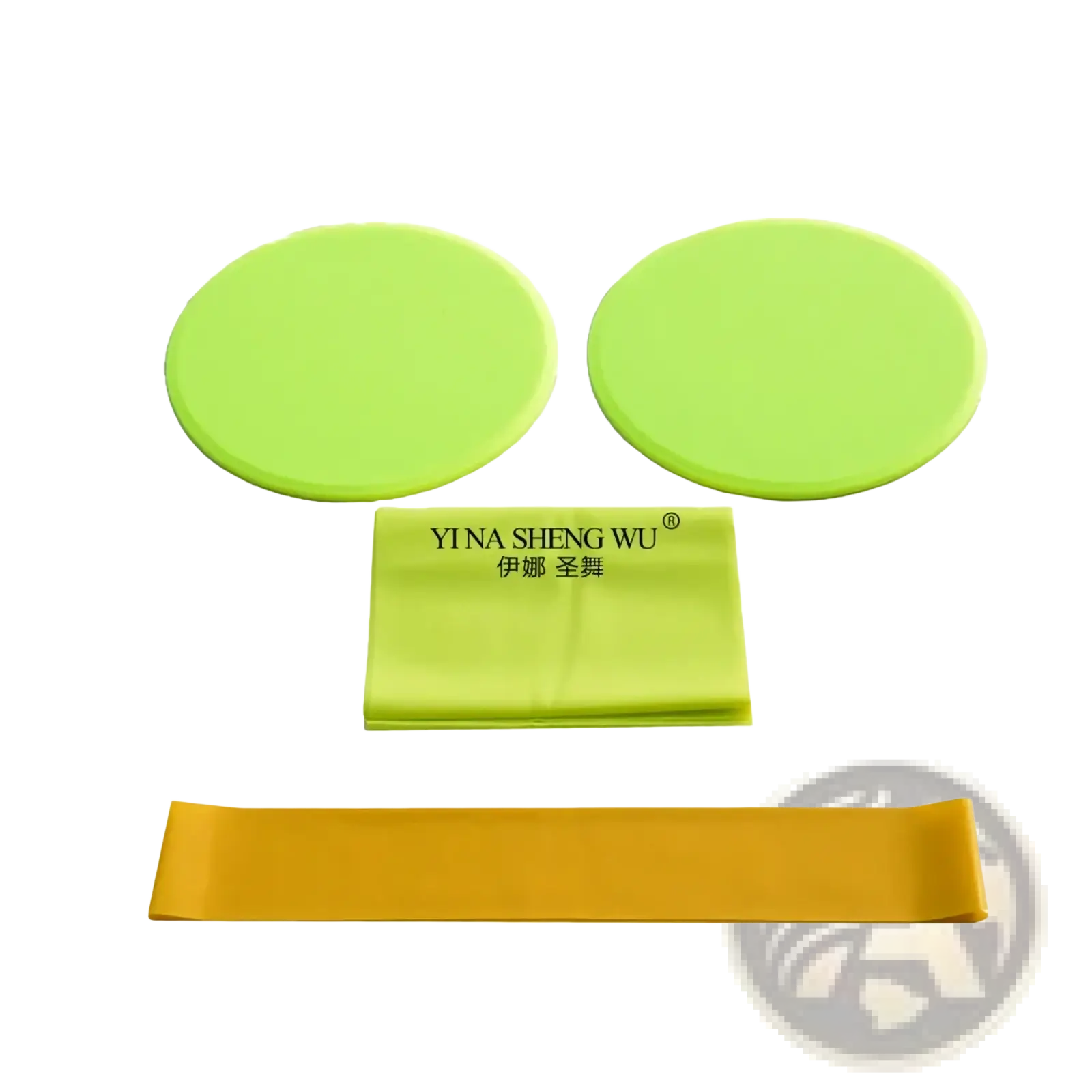 Set of lime green and yellow pilates resistance bands and foam sliding discs branded yi na sheng wu for exercise use