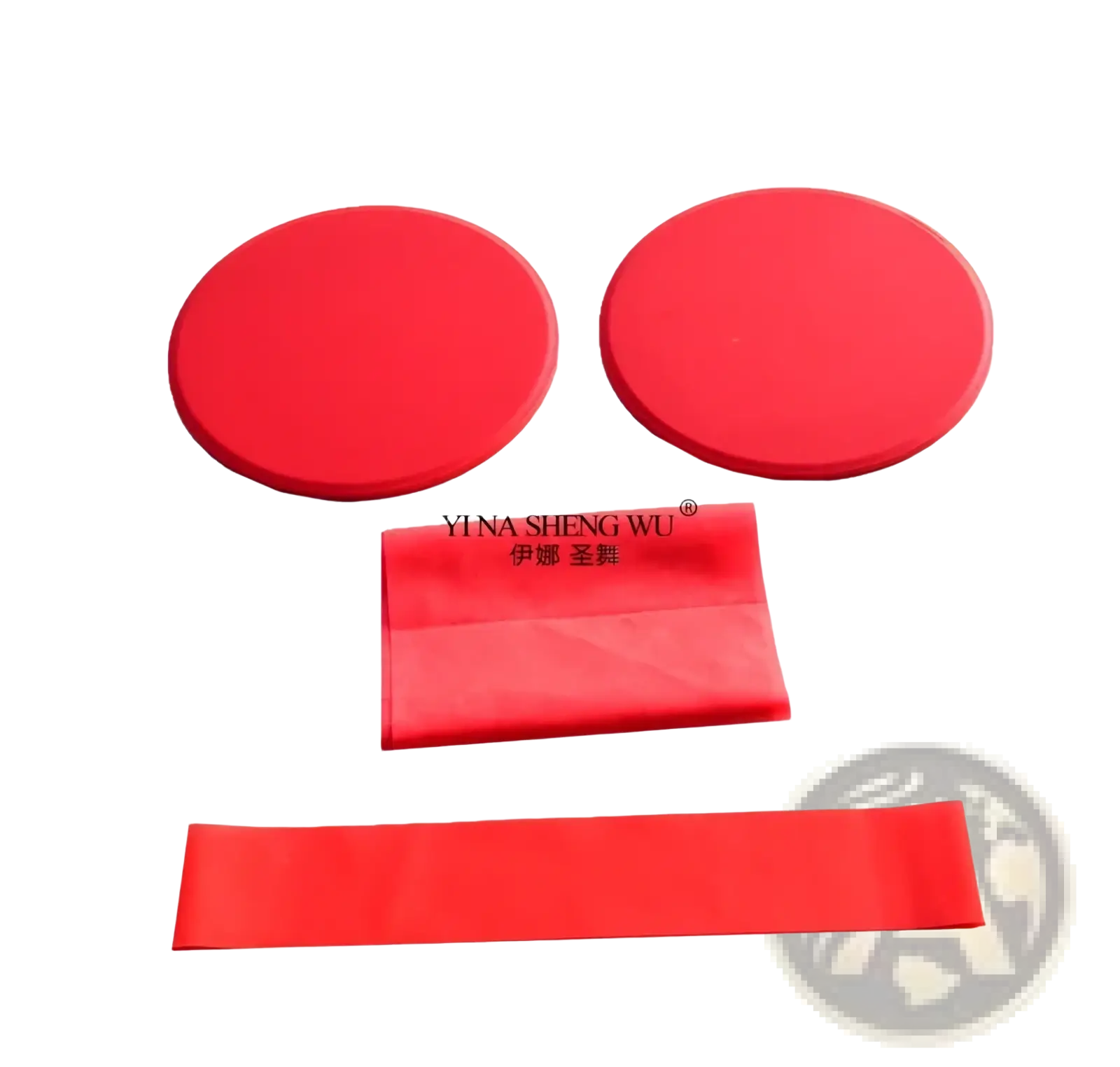 Red circular exercise mats and a red resistance band set for pilates featuring durable materials for full body workouts