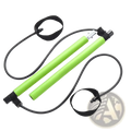 Bright green pilates resistance bar with black elastic bands and adjustable ankle straps for full body workout