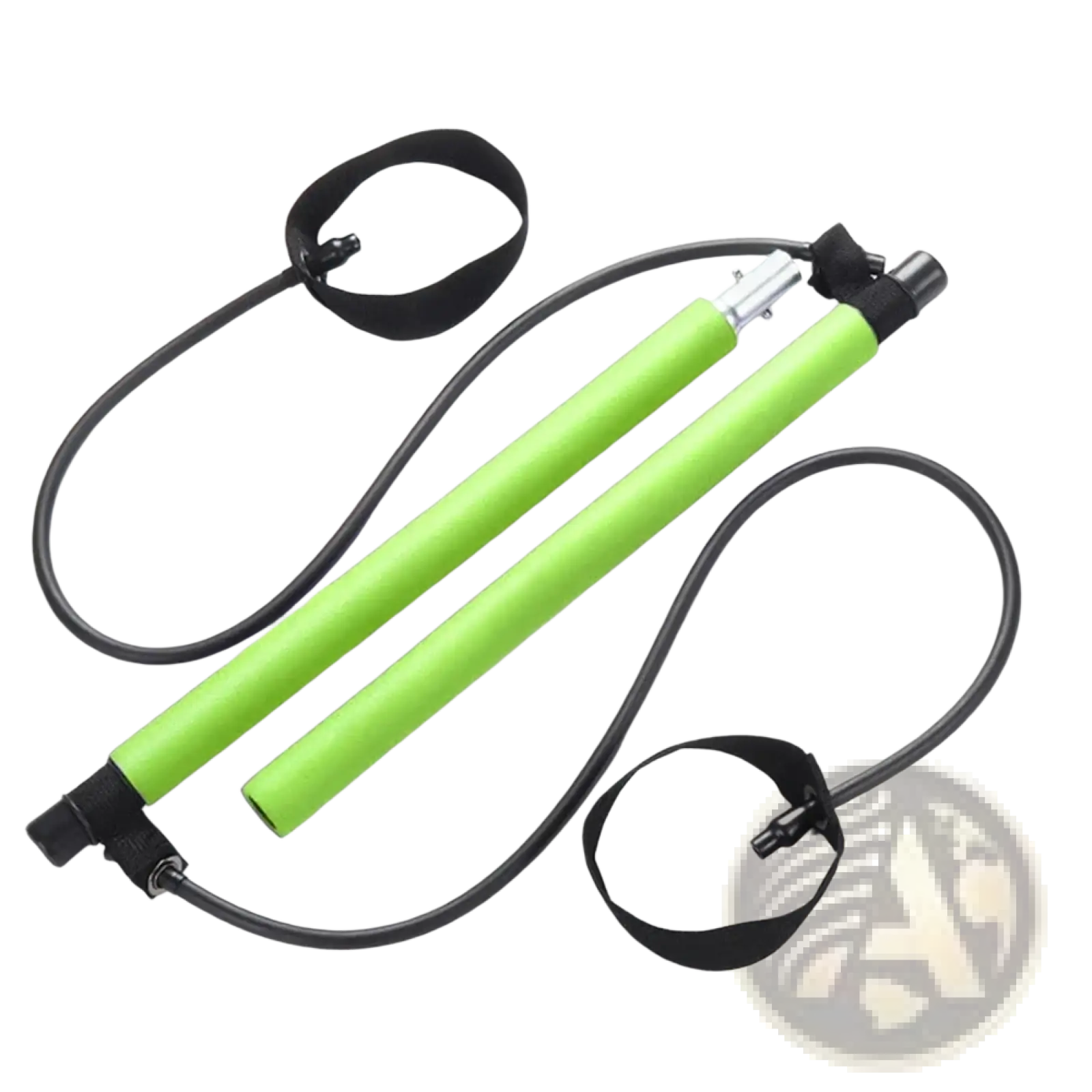 Bright green pilates resistance bar with black elastic bands and adjustable ankle straps for full body workout
