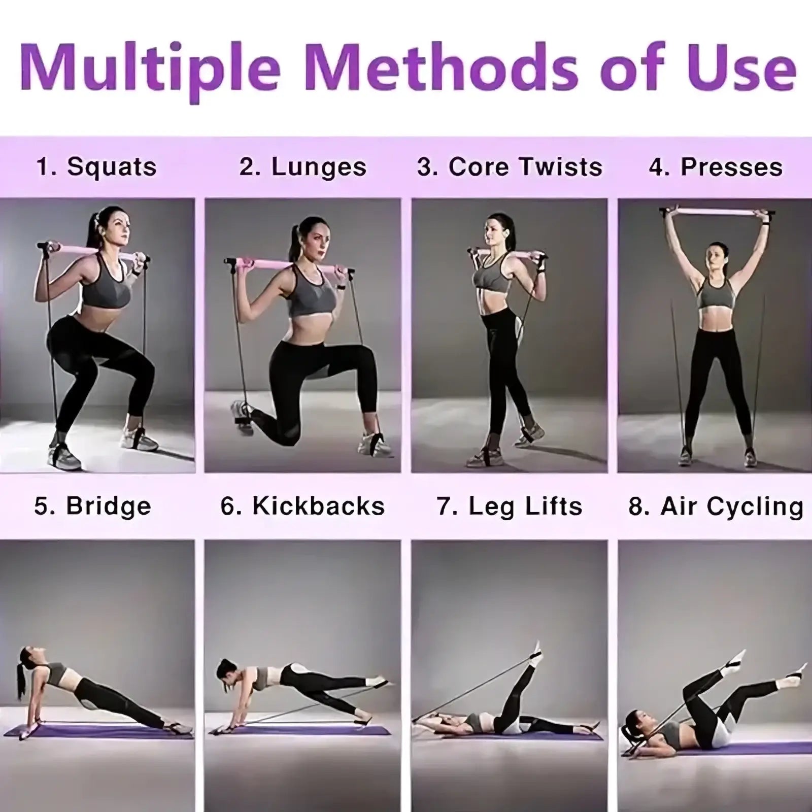 Pilates resistance bar fitness stick with pink resistance band and black handles for full body workout exercises