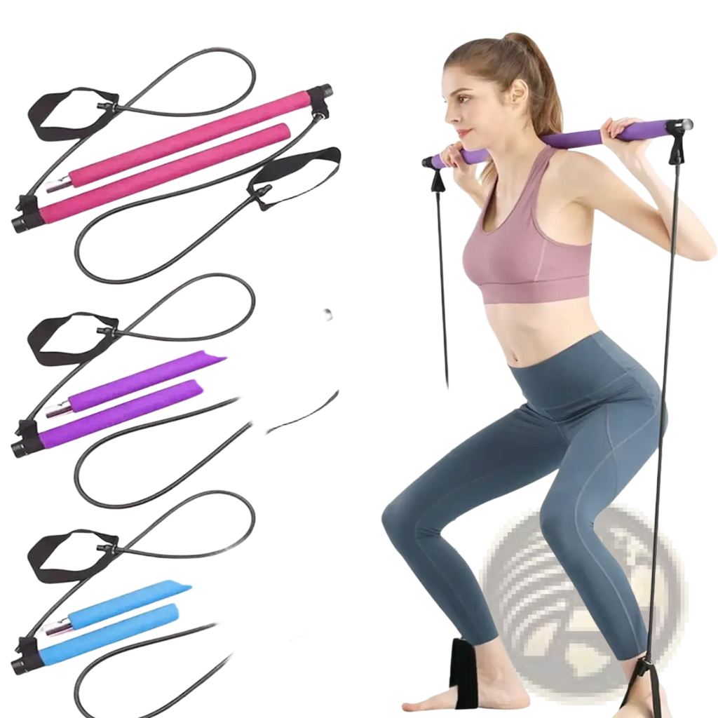Pilates resistance bar fitness sticks in pink purple and blue with black handles and elastic bands for full body workout