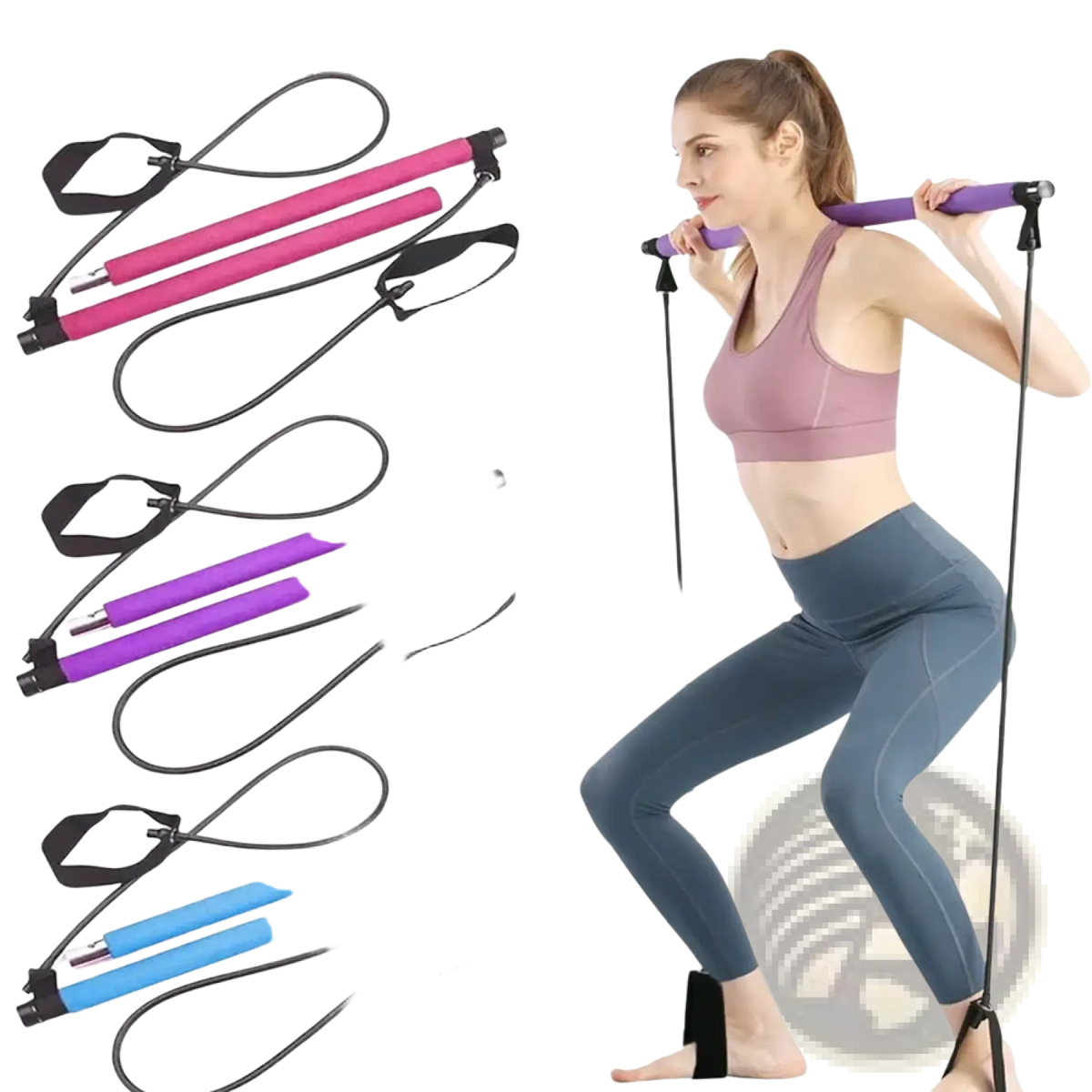 Pilates resistance bar fitness sticks in pink purple and blue with black handles and elastic bands for full body workout