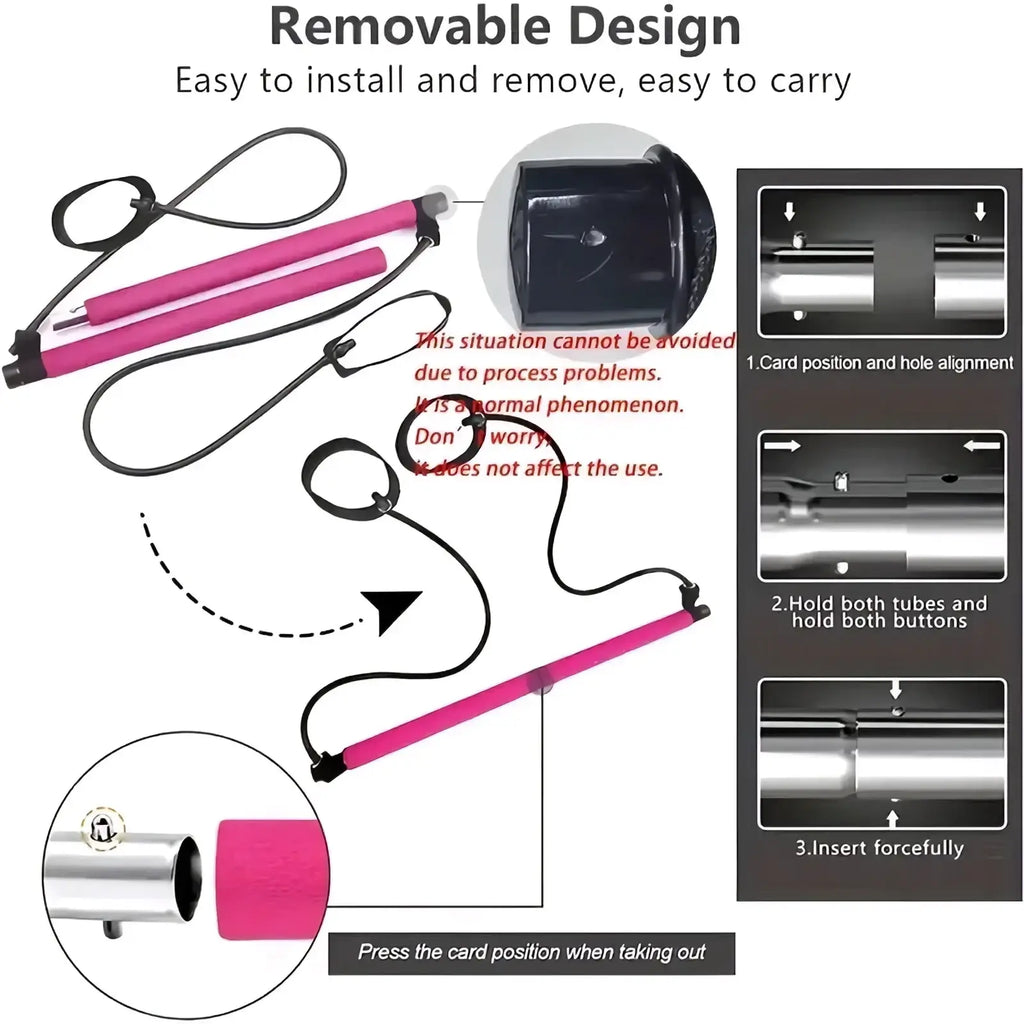 Pink and silver removable card holder with black straps designed for pilates resistance bar fitness stick full body workout use