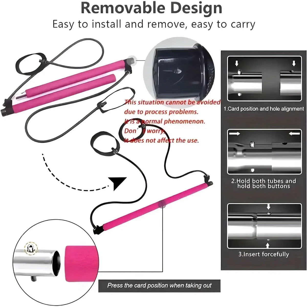 Pink and silver removable card holder with black straps designed for pilates resistance bar fitness stick full body workout use