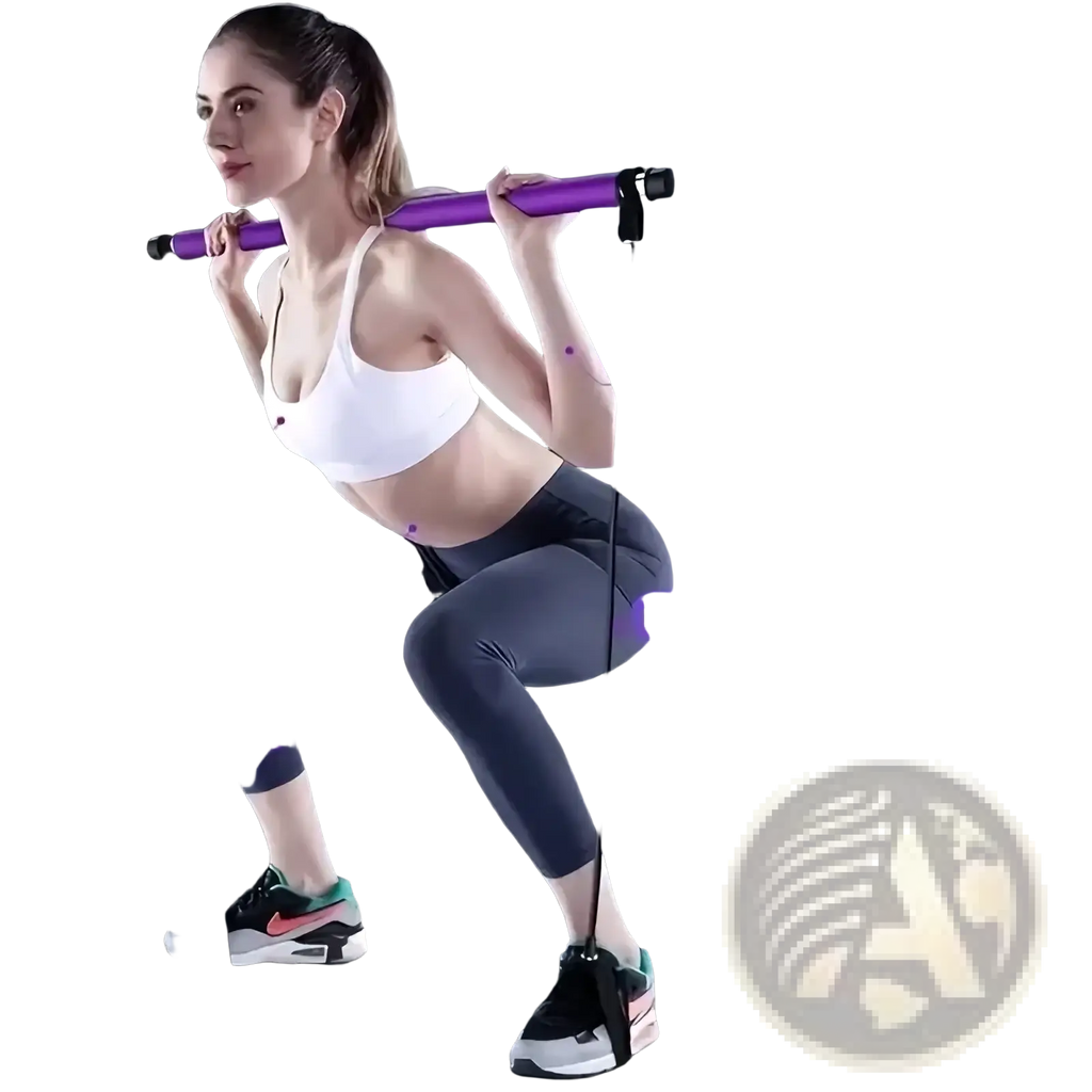 Purple pilates resistance bar with black handles and adjustable straps for full body workout and exercise