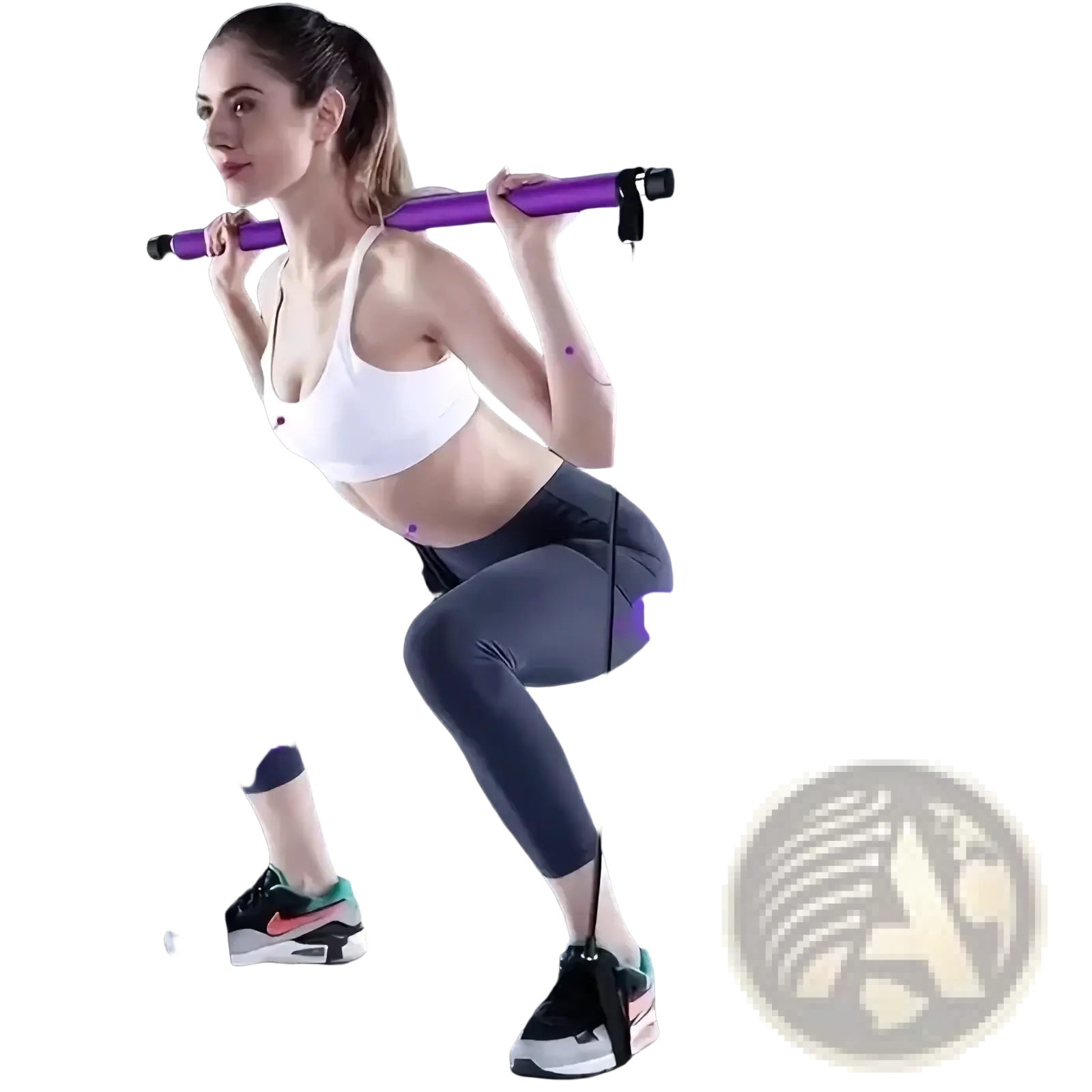 Purple pilates resistance bar with black handles and adjustable straps for full body workout and exercise