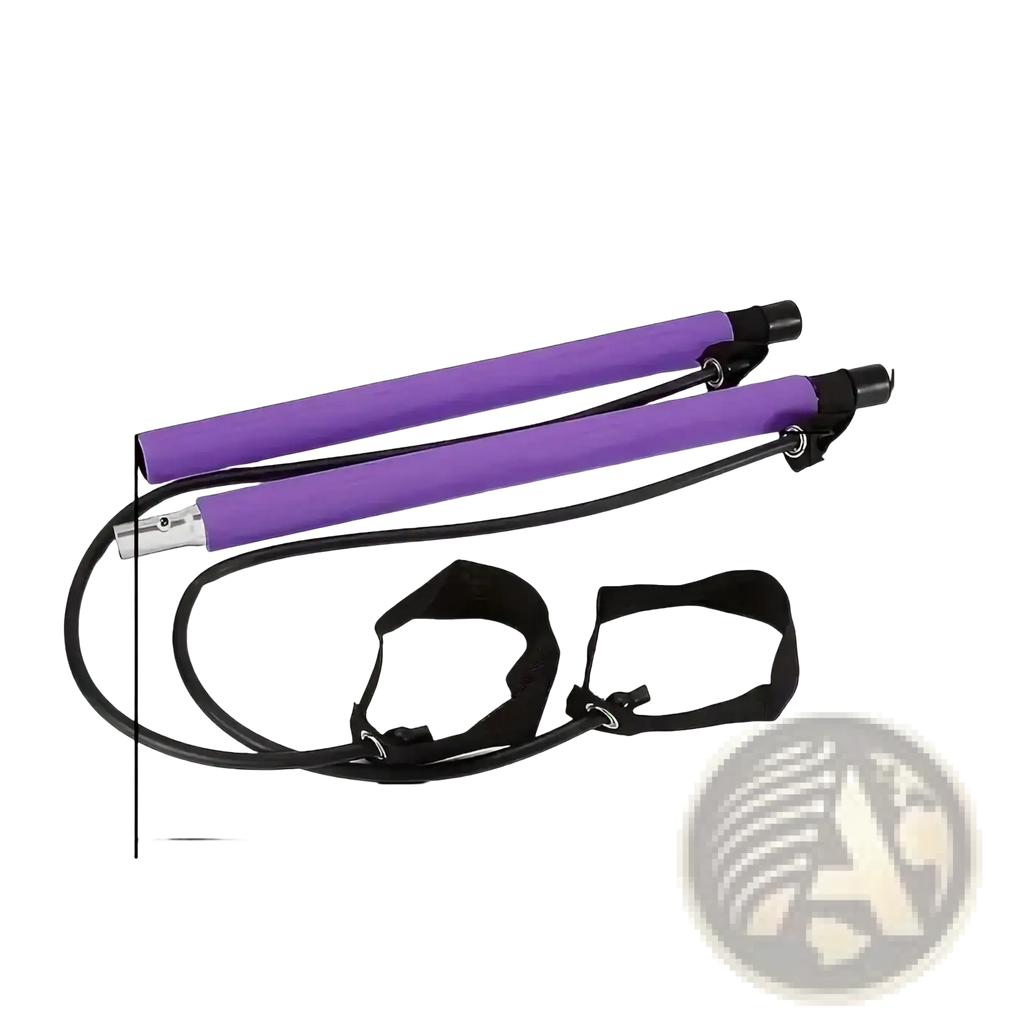 Purple pilates resistance bar with black handles and adjustable ankle straps for full body workout fitness stick