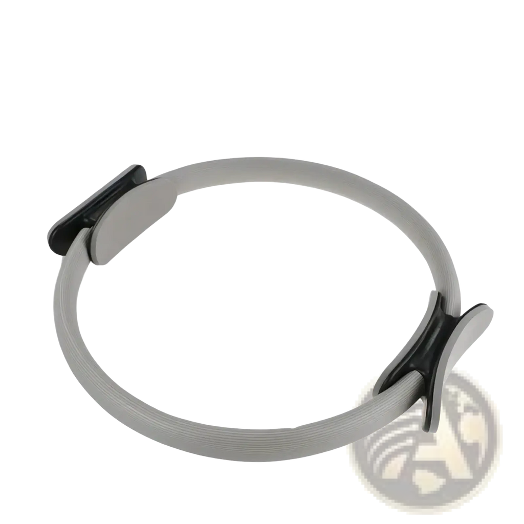Gray pilates ring dual grip exercise circle with black adjustable clamps for strength and flexibility training