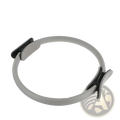 Gray pilates ring dual grip exercise circle with black adjustable clamps for strength and flexibility training