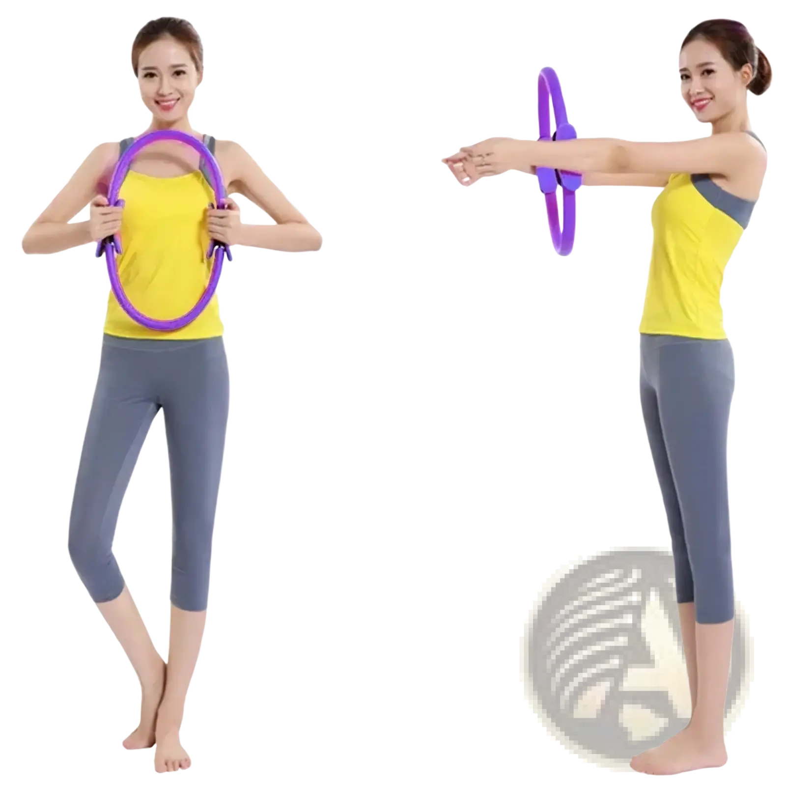 Purple pilates ring dual grip exercise circle with adjustable straps for versatile resistance training