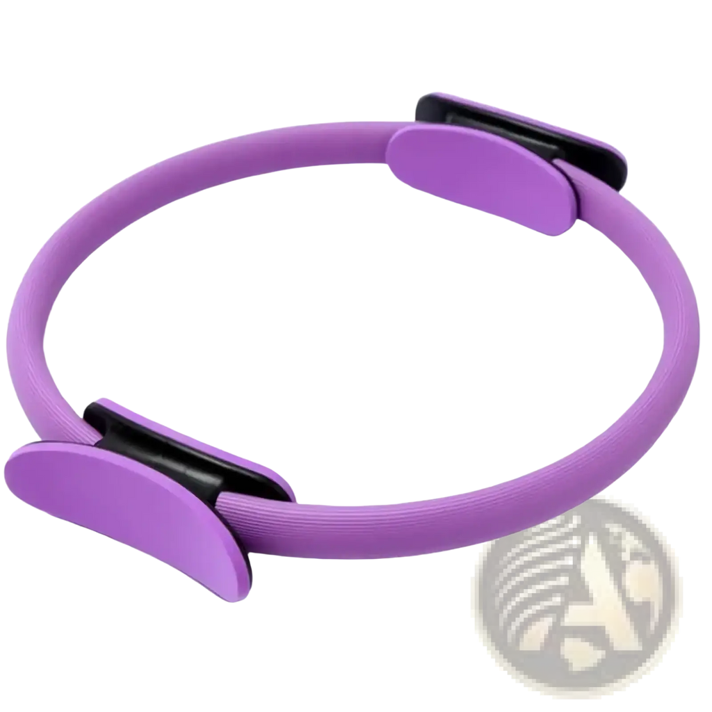 Purple pilates ring dual grip exercise circle with black plastic clamps for resistance training and toning exercises