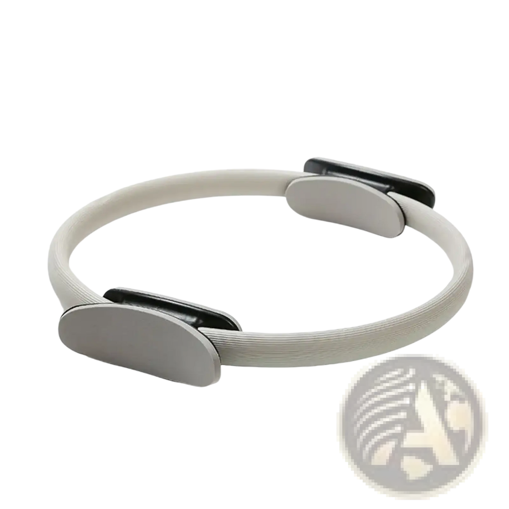 Gray elastic pilates ring with metallic silver adjustment clamps for fitness magic circle yoga equipment use