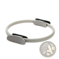 Gray elastic pilates ring with metallic silver adjustment clamps for fitness magic circle yoga equipment use