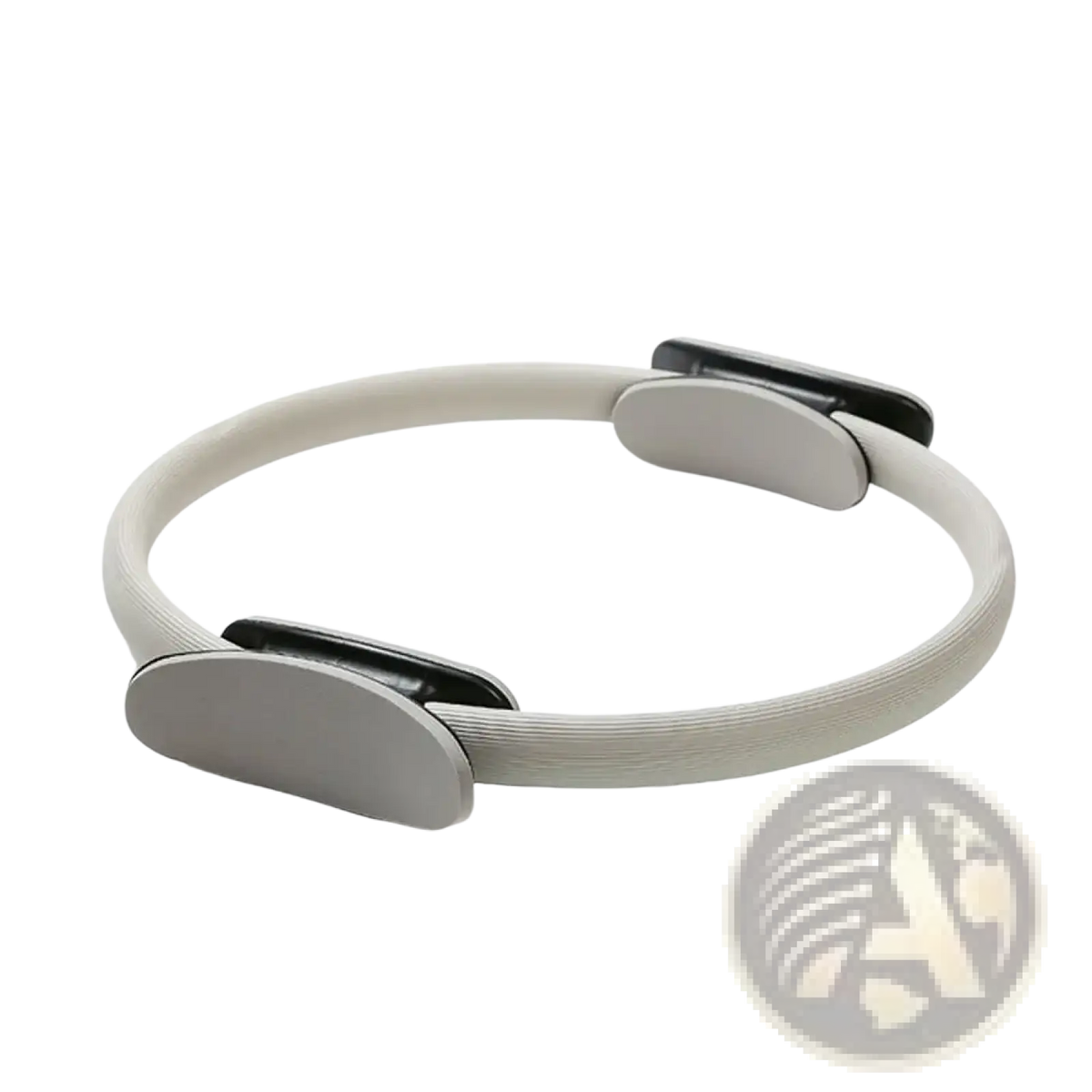 Gray elastic pilates ring with metallic silver adjustment clamps for fitness magic circle yoga equipment use