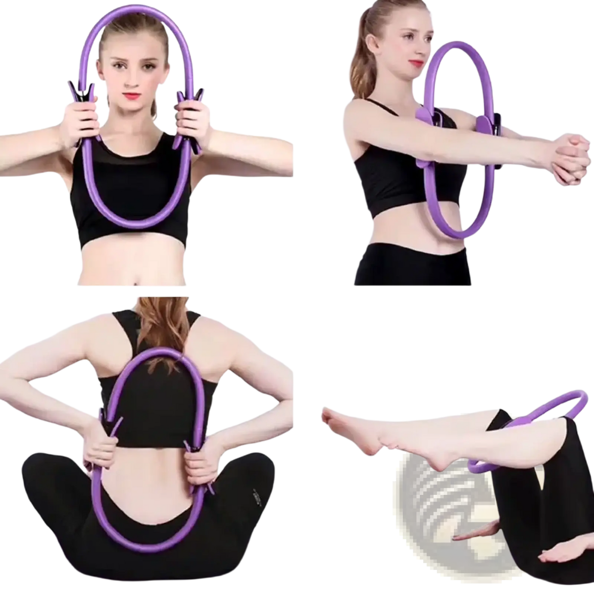 Purple inflatable Pilates ring fitness magic circle with adjustable handles for core and glute exercises
