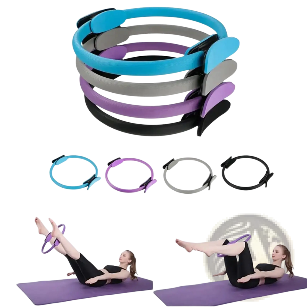Set of colorful pilates ring fitness magic circle yoga equipment in blue purple gray and black with sleek plastic design