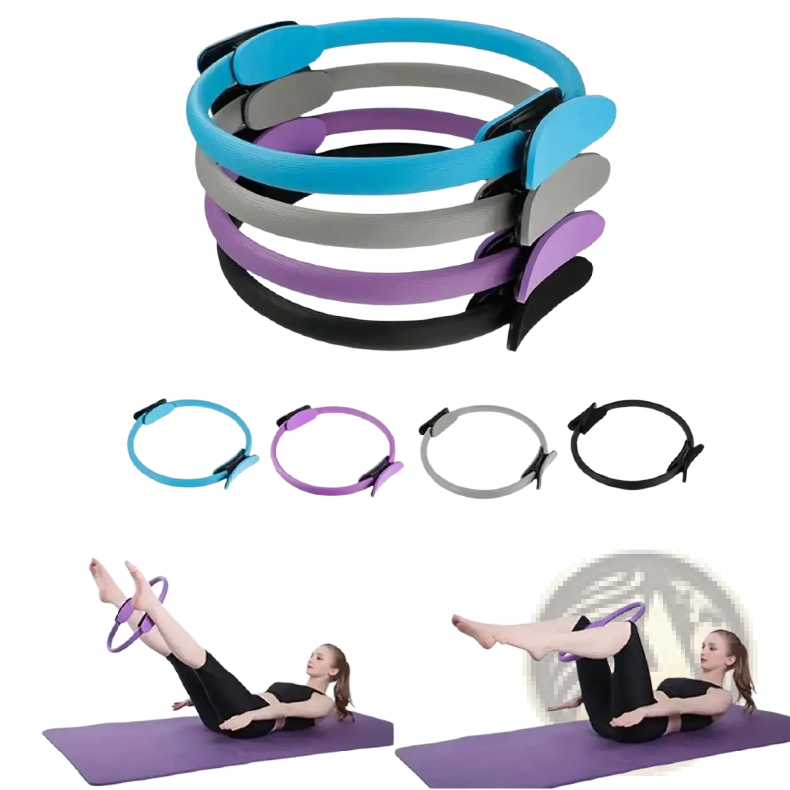 Set of colorful pilates ring fitness magic circle yoga equipment in blue purple gray and black with sleek plastic design