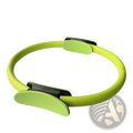 Bright lime green pilates ring fitness resistance circle with black plastic clamps for strength training exercises