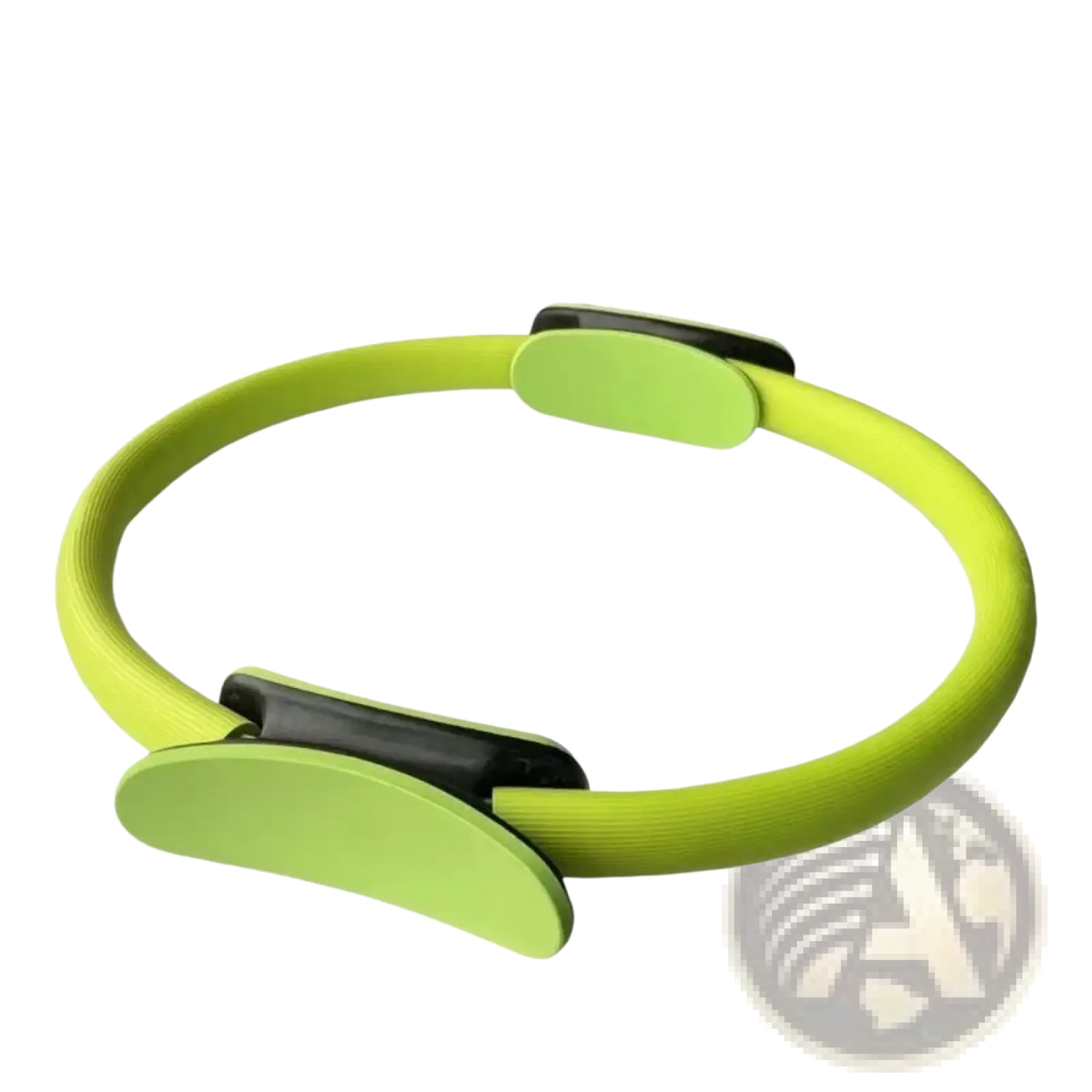 Bright lime green pilates ring fitness resistance circle with black plastic clamps for strength training exercises