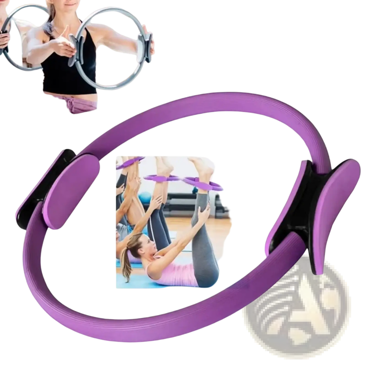 Purple pilates ring fitness resistance circle with black adjustable clamps for strength and flexibility training