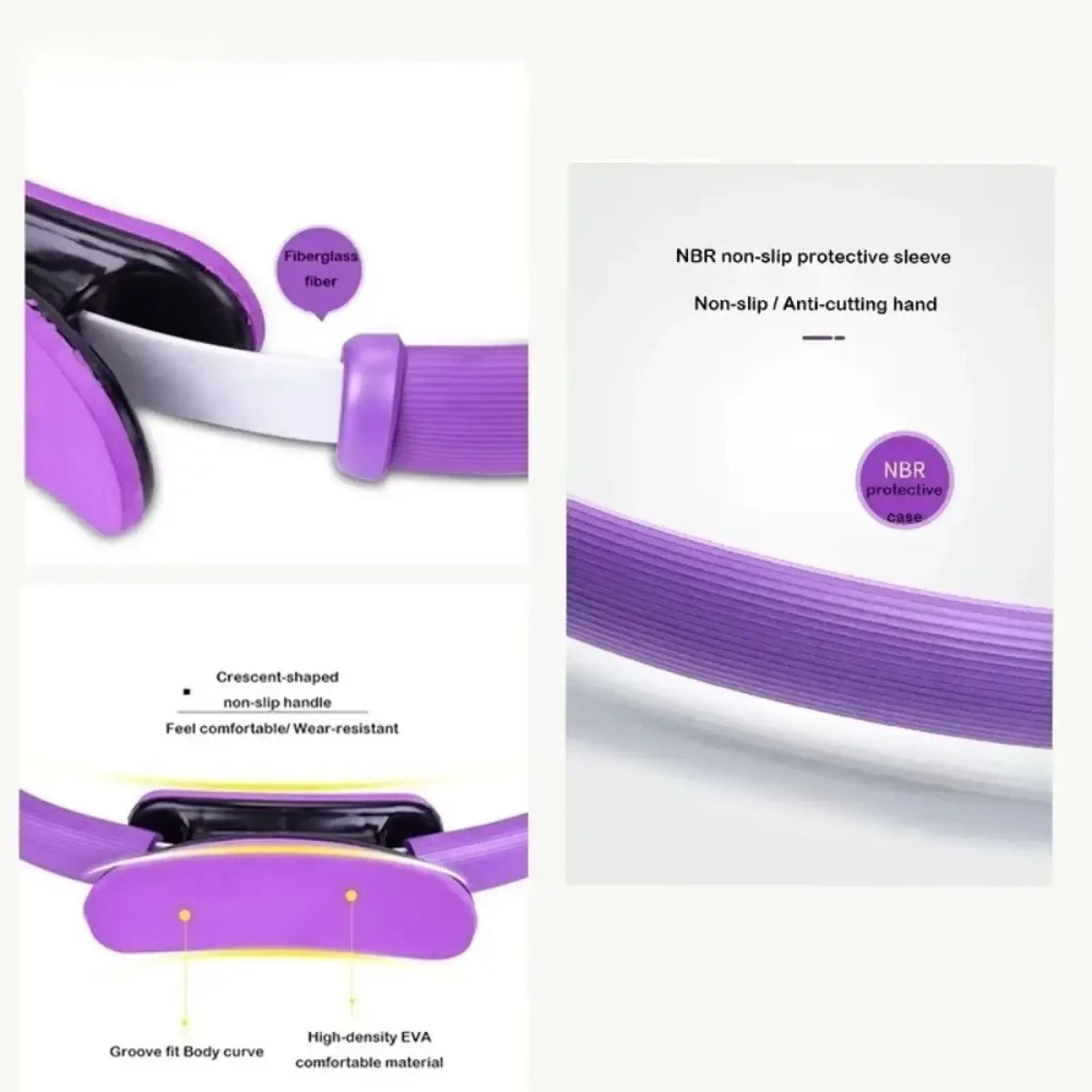 Purple and black Pilates ring fitness resistance circle with crescent handle made of high-density EVA and nbr non-slip sleeve