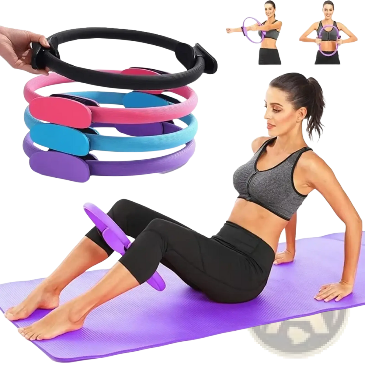 Purple pilates ring fitness resistance circle with black handles made of flexible rubber material for exercise use