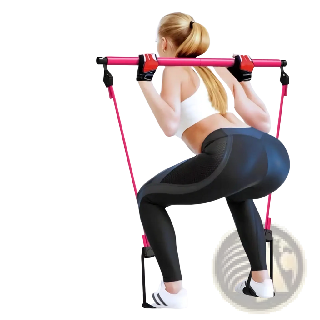 Pink resistance training pilates stick with black handles and adjustable straps for home workout use