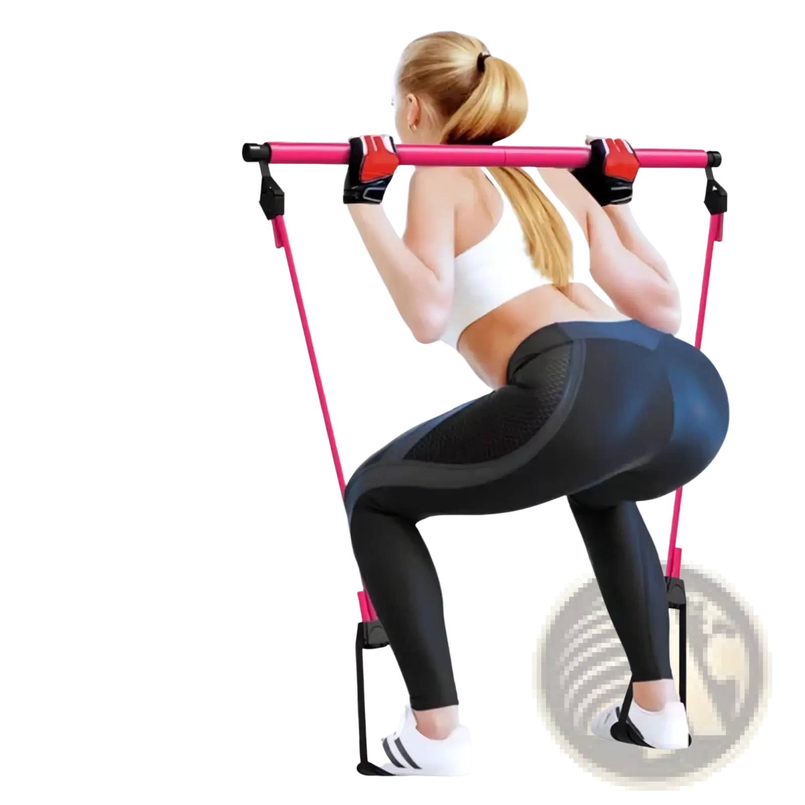 Pink resistance training pilates stick with black handles and adjustable straps for home workout use