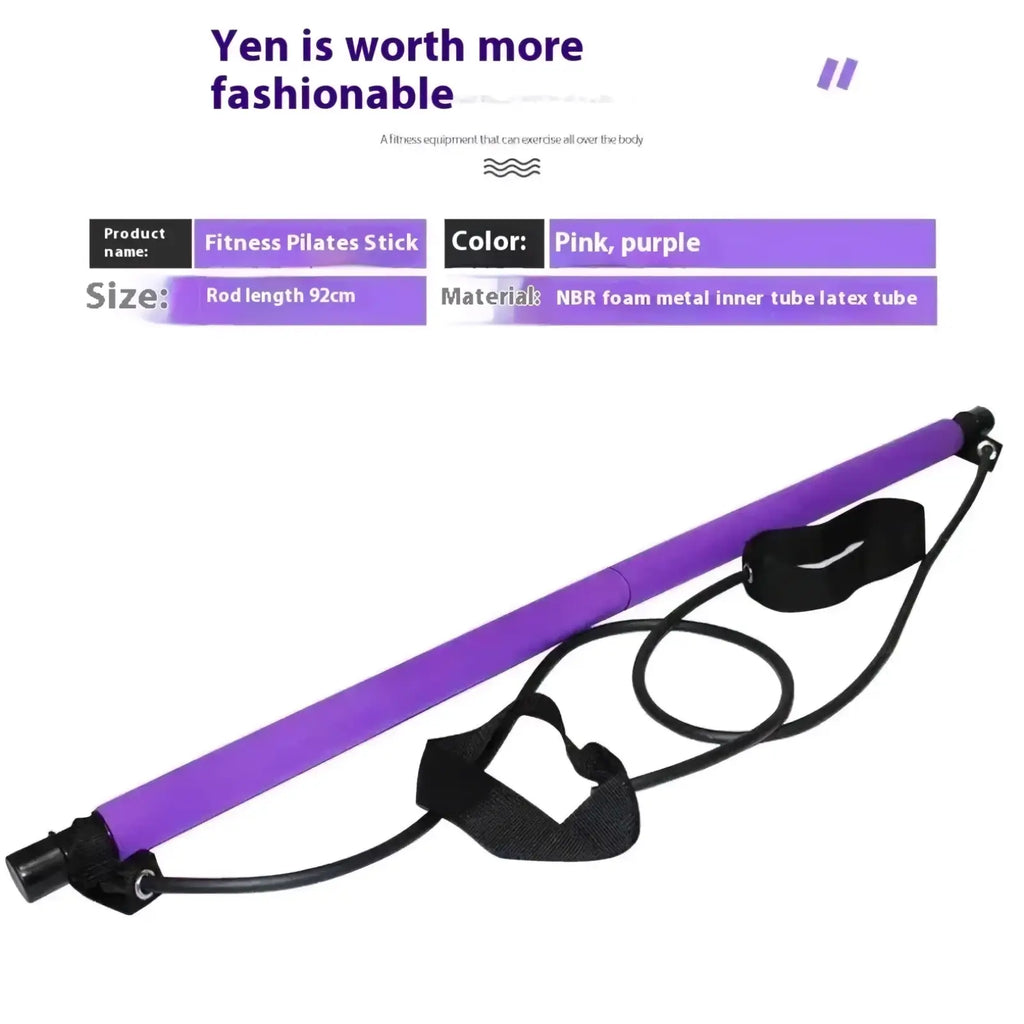 Purple fitness pilates stick with black elastic bands and adjustable straps for home workout bar training