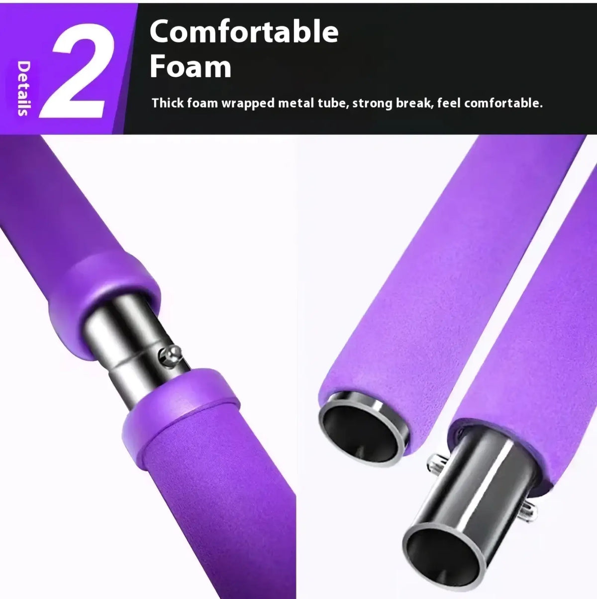 Purple foam-wrapped metal Pilates stick adjustable home workout bar with thick cushioned grips for comfort and strength